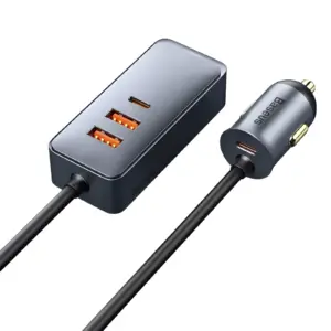 120W 4-Port Fast Car Charger with 5ft Extension Cable & USB-C PD