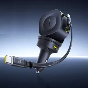 100W Dual USB-C Car Charger with Retractable Cables & 4-Port 450° Swivel Design